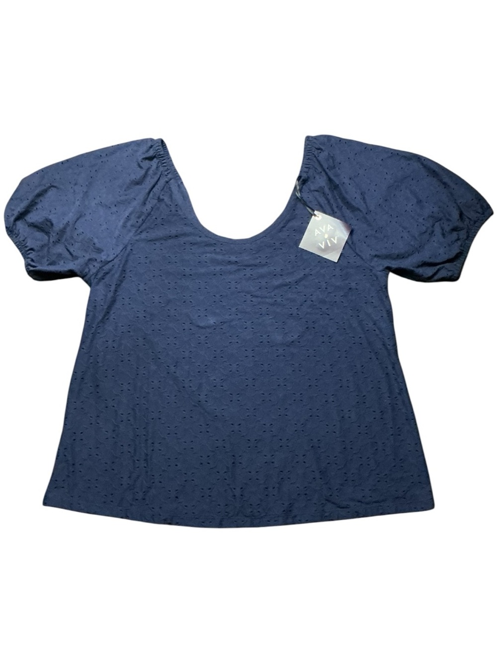 💟 Ava & Viv Womens 2X Navy Eyelet Puff Sleeve Blouse Short Sleeve Plus Size Top
